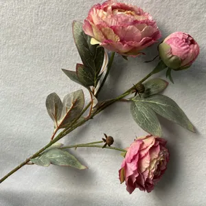 Künstlicher Pfingstrosen Blumenzweig mit drei Köpfen für Heimdekoration, Hochzeit und Party.