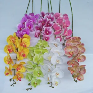 Multi-color artificial phalaenopsis orchid branches detail view, realistic floral decor.