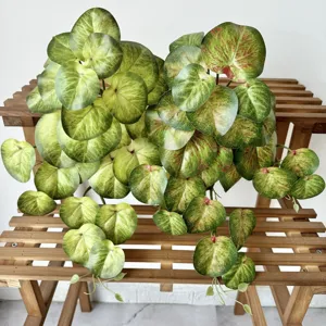 Plante verte artificielle suspendue avec des feuilles rondes pour la décoration murale.