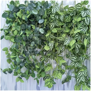 Artificial hanging plant vine 7-prong fake green leaves for wedding home wall decor
