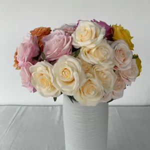 Artificial rose bouquet faux silk flowers in white vase for home wedding decoration