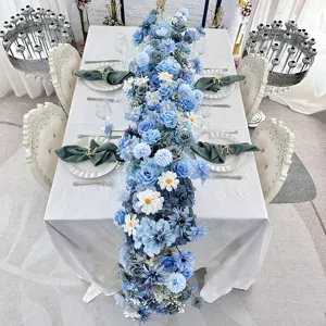 Blue Artificial Silk Rose Hydrangea Flower Row Wedding Ceremony Road Guide Party Home Decor Floral Arrangement