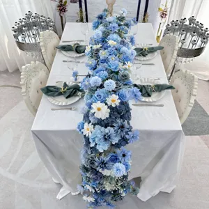 Blue artificial wedding flower row table runner silk floral arrangement for ceremony decor