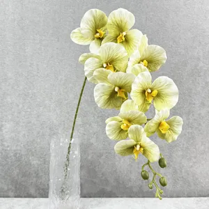 Gedetailleerd beeld van kunstgroene orchideeëntak met realistische bloemblaadjes in heldere vaas.