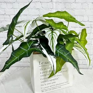 Plante artificielle Alocasia oreille d'éléphant à feuilles panachées blanches pot en papier déco