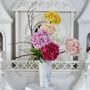 Artificial hydrangea flower arrangement with vase for wedding home decor and party decoration.