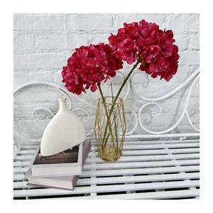 Artificial Red Hydrangea Flowers Fake Silk Hydrangeas with Gold Geometric Vase for Home Decor