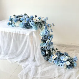 Blue artificial flower row wedding table decoration elegant floral arrangement for ceremony backdrop