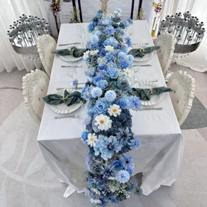 Blue artificial wedding table flower runner silk floral arrangement for party event decor