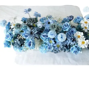 Blue artificial floral row wedding decoration faux flower runner for event party setups