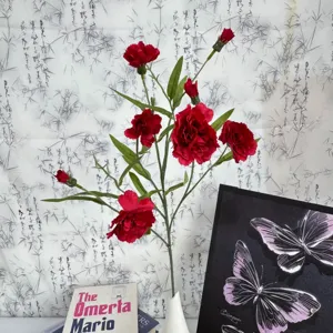 Artificial red carnation multi-head silk flowers in vase for home table wedding decor main