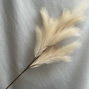 Artificial pampas grass detail shot, fluffy reed branch for home wedding decor, long stem.