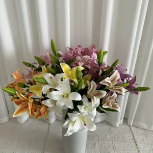 Bouquet de lys artificiels 3D 5 branches 7 tetes decoration interieure arrangement floral fausses fleurs