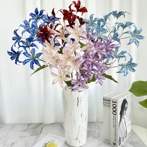 Beautiful 12-head artificial lily flowers bouquet in white vase for home decor and wedding party.