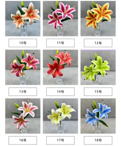 Vue détaillée de lys artificiels avec vase en verre transparent, divers coloris.