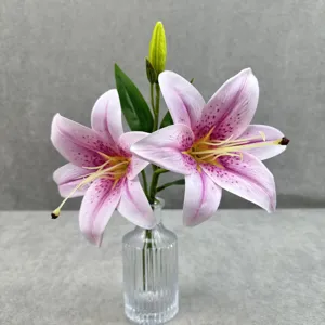 Gros plan d'une branche de lys artificiel en fleurs avec un vase en verre transparent.