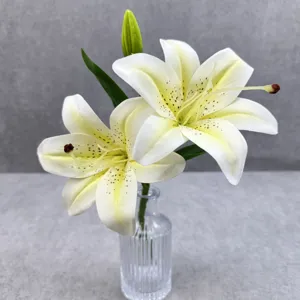Fausse Fleur de Lys Blanche Artificielle 2-Têtes Arrangement Floral avec Vase Verre