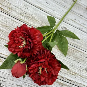3-head artificial dark red peony flower stem for home decor, wedding and floral arrangement.