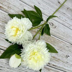 Artificial white peony flower bouquet with 3 heads and green leaves for home decor.