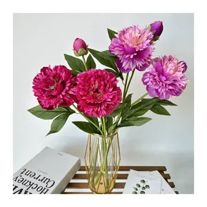 Artificial peony flowers bouquet with gold wire glass vase for home desk decor wedding.