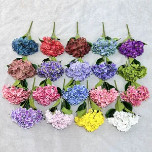 Wholesale artificial 3D hydrangea flower bunches in bright colors for home decor and weddings.