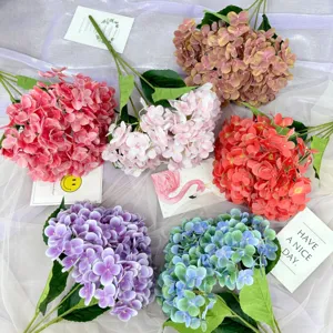 Artificial hydrangea flower bouquets, multi-color silk flowers for home and wedding decor.