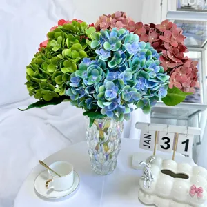 Artificial 3D hydrangea flower bouquet with glass vase for home decor wedding party wholesale