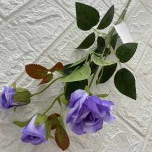 Ramo singolo 3 teste rosa artificiale fiore di seta decorazione per la casa pianta finta