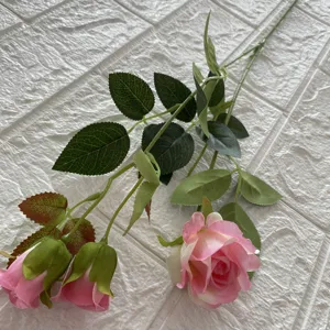 Fiore di rosa artificiale ramo singolo con 3 teste pianta finta decorazione casa.