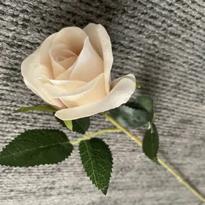 Gros plan de rose artificielle en velours, bourgeon champagne unique pour deco et accessoires.