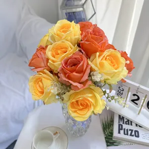 Artificial rose bouquet silk flowers for wedding home decor table centerpiece yellow orange