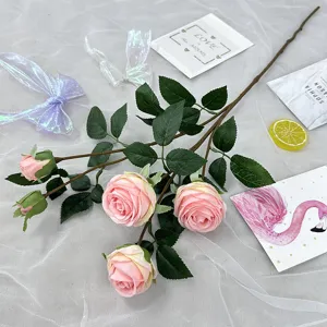 Artificial 5-head pink rose branch faux flower for home wedding party decoration floral arrangement