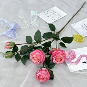 Artificial rose flower branch 5-head pink faux floral arrangement for home wedding decor