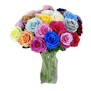 Colorful artificial rose bouquet with glass vase for home wedding decoration and party floral supply