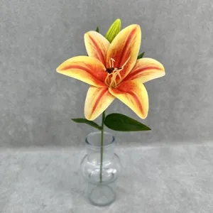 Close up detail view of artificial 3d print lily flower with stem for home decor.