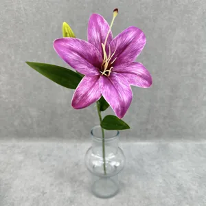 Artificial lily flower single stem faux floral home decor purple lily in glass vase