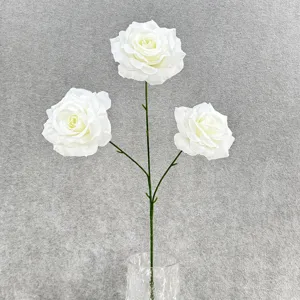 3-head artificial white rose flower branch for wedding home decor and DIY flower arrangement