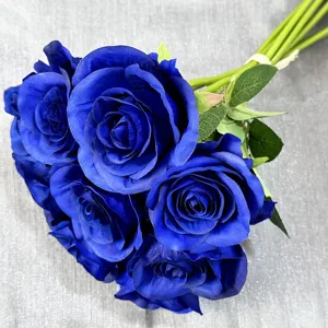 Künstlicher blauer Rosenstrauß 9 Köpfe Seidenblumen für Hochzeit Heimparty Dekoration Detail Ansicht