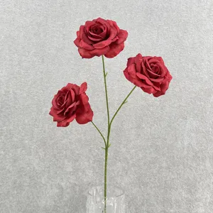 Detail view of 3-head artificial red rose flower branch, perfect for home decor and DIY.