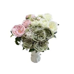 Artificial rose bouquet 9 heads fake flowers home wedding decor with white vase