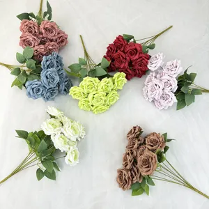 Artificial rose bouquets 9 heads fake silk flowers for wedding home party decoration multicolor