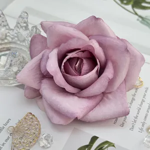 Dusty purple artificial rose head detail, premium fabric flower for wedding decor and crafts.