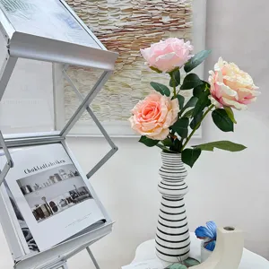 Artificial rose flower arrangement set, modern striped vase home decor and photography prop.