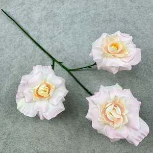 Detail view of 3-head artificial rose branch, pink foam rose flowers for home decor and wedding.