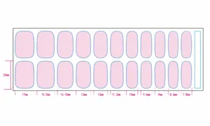 Detailansicht zeigt die genauen Abmessungen und das 22-Tipps-Layout der Gel-Nagelaufkleber.