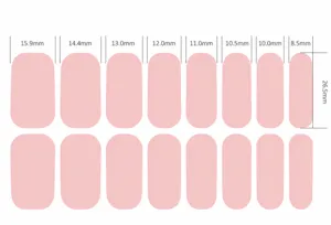 Tableau des tailles de stickers d'ongles avec dimensions détaillées pour une pose parfaite.