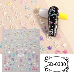 Christmas 5D embossed nail art stickers, DIY festive snowflake gingerbread man decal designs.