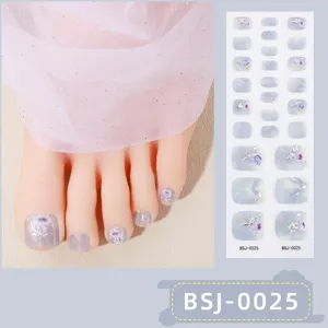 Detailed display of elegant purple floral semi-cured gel toe nail wraps and matching sheet.