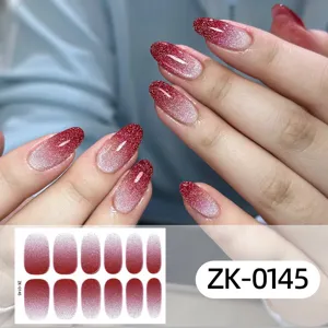 Gradient glitter press on nails red shimmer full cover adhesive nail stickers for women design