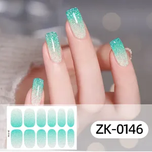 Green gradient glitter nail stickers full wrap waterproof adhesive manicure decals for women.